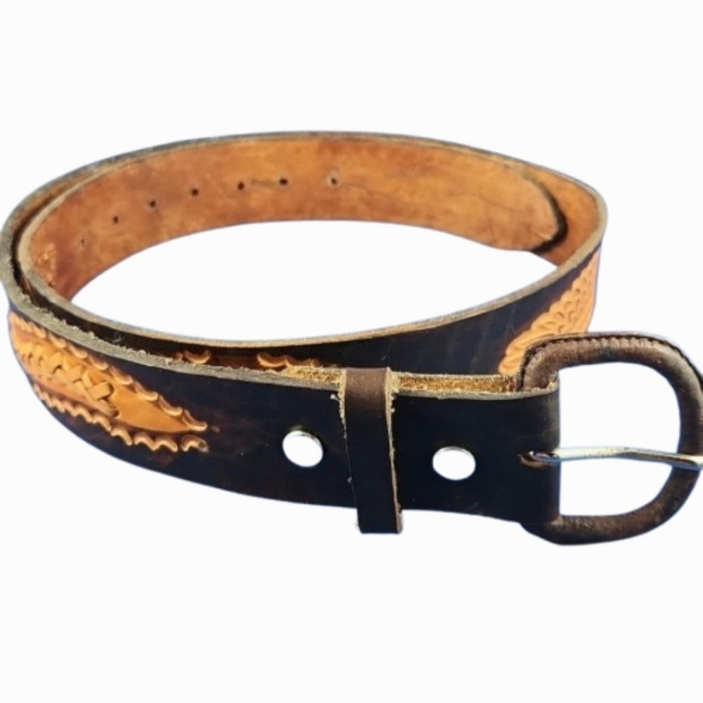 Western Eagle and Braid Tooled Engraved Genuine Cowhide Leather Casual Belt (36)